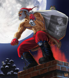 Rule 34 | 1boy, abs, antlers, artist name, beard, belt, black footwear, blue eyes, bobblehat, boots, carrying over shoulder, chimney, creature, cross-laced footwear, dated, english text, facial hair, fingerless gloves, fire, from below, full body, full moon, fur trim, gloves, grey hair, hat, horns, knee boots, lace-up boots, long hair, male focus, manly, matataku, moon, muscular, mustache, night, night sky, nipples, old, old man, open mouth, original, outdoors, over shoulder, pants, peeking out, photo (object), red gloves, red hat, red pants, reindeer antlers, sack, santa claus, santa hat, sky, solo focus, squatting, surprised cat (matataku), topless male, tree, veins