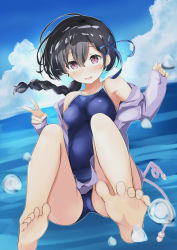 Rule 34 | 1girl, armpits, bare legs, bare shoulders, barefoot, black hair, blue one-piece swimsuit, blue ribbon, blue sky, blush, braid, braided ponytail, breasts, cloud, collarbone, commentary request, competition school swimsuit, day, feet, female focus, gloves, hair ribbon, highres, horizon, jacket, long hair, medium breasts, miyuki (yxbt7), ocean, one-piece swimsuit, open mouth, original, outdoors, purple eyes, purple jacket, ribbon, school swimsuit, single glove, sky, sleeves past wrists, soles, solo, swimsuit, thighs, toenails, toes, v, water, water drop