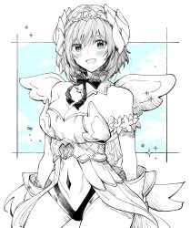 Rule 34 | absurdres, arcanadea, blue eyes, blush, bow, breasts, center opening, cleavage, cloud, gloves, head wings, highres, kudou makoto, looking at viewer, lumitia, medium breasts, navel, short hair, sky, smile, spot color, wings