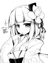 Rule 34 | 1girl, ai takurou, blush, flower, greyscale, hair flower, hair ornament, hieda no akyuu, japanese clothes, long sleeves, looking at viewer, monochrome, short hair, simple background, smile, solo, touhou, white background
