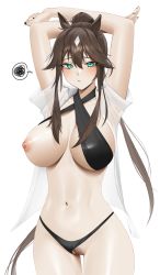 Rule 34 | 1girl, absurdres, animal ears, aqua eyes, arknights, arms behind head, arms up, bad id, bad pixiv id, bikini, bikini bottom aside, bikini top aside, black bikini, blush, breasts, brown eyes, closed mouth, clothing aside, cowboy shot, criss-cross halter, female pubic hair, hair between eyes, halterneck, highres, horse ears, horse girl, horse tail, large breasts, looking at viewer, looking back, meteor (arknights), multicolored hair, navel, nipples, norunollu, one breast out, pubic hair, pussy, simple background, solo, speech bubble, spoken squiggle, squiggle, stomach, swimsuit, tail, thigh gap, two-tone hair, uncensored, white background, white hair