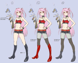 Rule 34 | 1girl, alternate costume, bare legs, bare shoulders, boots, breasts, character sheet, cleavage, collar, demon girl, felicia (taimanin kurenai), female focus, fingernails, full body, hand on own hip, highres, holding, holding weapon, lilith-soft, long hair, looking at viewer, multiple views, navel, official alternate costume, pantyhose, pink hair, pointy ears, red eyes, shiny skin, simple background, small breasts, smile, standing, taimanin (series), taimanin kurenai, taimanin rpgx, thighs, translation request, two side up, very long hair, weapon, zol
