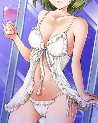 Rule 34 | 1girl, :d, babydoll, bare arms, bare shoulders, breasts, cleavage, collarbone, commentary request, cowboy shot, cup, dr rex, drinking glass, facing viewer, gluteal fold, green hair, head out of frame, holding, holding cup, holding drinking glass, idolmaster, idolmaster cinderella girls, medium breasts, open mouth, panties, side-tie panties, smile, solo, takagaki kaede, underwear, underwear only, white panties, wine glass