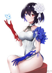 Rule 34 | 1girl, absurdres, black hair, blue butterfly, blue eyes, blue hair, breasts, bug, butterfly, china dress, chinese clothes, dress, flower, hair flower, hair ornament, heterochromia, highres, honkai (series), honkai impact 3rd, insect, large breasts, multicolored hair, red eyes, seele (alter ego), seele vollerei, seele vollerei (stygian nymph), sex leees13, short dress, side slit, two-tone hair, white flower