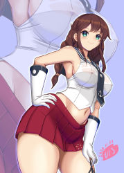Rule 34 | 1girl, anchor symbol, aqua eyes, bare shoulders, belt, blue neckwear, blue sailor collar, blush, braid, breasts, brown hair, closed mouth, collarbone, commentary request, covered erect nipples, cowboy shot, crop top, dated, elbow gloves, gloves, grey background, groin, hand on own hip, kantai collection, large breasts, long hair, looking at viewer, midriff, moke ro, navel, necktie, noshiro (kancolle), outline, pleated skirt, red skirt, sailor collar, shirt, sidelocks, simple background, skirt, sleeveless, sleeveless shirt, smile, standing, swept bangs, twin braids, wet, wet clothes, wet shirt, white gloves, white shirt, zoom layer