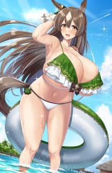 Rule 34 | 1girl, absurdres, alternate breast size, animal ears, armpits, bad id, bad pixiv id, bare arms, bare legs, bare shoulders, bikini, blue sky, braid, breasts, brown eyes, brown hair, cleavage, daien, day, frilled bikini, frills, gigantic breasts, green bikini, half updo, highres, horse ears, horse girl, horse tail, innertube, long hair, looking at viewer, navel, open mouth, outdoors, satono diamond (umamusume), skindentation, sky, smile, solo, sparkle, standing, string bikini, summer, swim ring, swimsuit, tail, thighs, umamusume, very long hair, wading, water, wet, white bikini