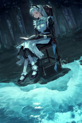 Rule 34 | 1girl, absurdres, apron, arknights, black dress, black footwear, black gloves, book, chair, closed mouth, commentary request, dress, forest, full body, gloves, grey hair, head wings, highres, irene (arknights), irene (voyage of feathers) (arknights), jewelry, juliet sleeves, long hair, long sleeves, maid, nature, necklace, official alternate costume, open book, outdoors, pantyhose, peach21, ponytail, puffy sleeves, reading, scar, scar across eye, sitting, socks, solo, sword earrings, water, white apron, white pantyhose, white socks, wings