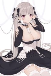 Rule 34 | 1girl, :o, azur lane, between breasts, black bow, black dress, blunt bangs, blush, bow, breasts, bridal gauntlets, cleavage, detached collar, dress, feet out of frame, formidable (azur lane), frills, garter straps, hair bow, hand in own hair, highres, inanami, large breasts, long hair, looking at viewer, pink eyes, silver hair, simple background, sitting, solo, thighhighs, twintails, very long hair, white background, white thighhighs