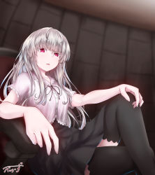 Rule 34 | 1girl, baileys (tranquillity650), black ribbon, black skirt, black thighhighs, blurry, blurry background, breasts, chair, collarbone, collared shirt, commentary request, crossed legs, hair between eyes, hand on own knee, highres, indoors, long hair, looking at viewer, open mouth, original, red eyes, ribbon, shirt, short sleeves, signature, sitting, skirt, small breasts, solo, thighhighs, very long hair, white hair, white shirt