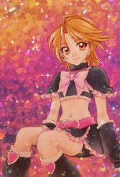 Rule 34 | 1girl, ahoge, aizen (syoshiyuki), belt, bike shorts, black legwear, black shorts, black skirt, black sleeves, bow, bowtie, brown eyes, brown hair, cropped torso, cure black, detached sleeves, earrings, frilled skirt, frills, futari wa precure, heart, heart earrings, highres, invisible chair, jewelry, leg warmers, looking at viewer, midriff, miniskirt, navel, pink bow, pink bowtie, precure, short hair, short shorts, shorts, shorts under skirt, sitting, skirt, smile, solo, stomach, traditional media