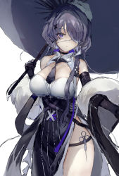 Rule 34 | 1girl, absurdres, arknights, barefoot, black dress, black gloves, breasts, cleavage, cowboy shot, dress, elbow gloves, eyepatch, female focus, fur shawl, gloves, hair ornament, hair over one eye, highres, holding, holding umbrella, large breasts, long hair, looking at viewer, mamera1129, official alternate costume, one eye covered, parted lips, pelvic curtain, purple eyes, purple hair, shawl, simple background, solo, syringe, thigh strap, umbrella, underbust, whisperain (arknights), whisperain (tremble cold) (arknights), white background