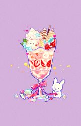 Rule 34 | . ., :d, absurdres, animal, blue flower, bow, rabbit, candy, candy wrapper, cat, cream, danby merong, flower, food, fruit, heart, highres, huge filesize, in food, open mouth, original, parfait, pocky, purple background, red bow, simple background, smile, standing, star (symbol), strawberry, wafer stick