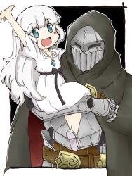 Rule 34 | 1boy, 1girl, arm up, armor, black cloak, black ribbon, blue eyes, blush, carrying, carrying person, cloak, commentary request, dress, ender lilies quietus of the knights, full armor, hood, hooded cloak, jewelry, lily (ender lilies), long hair, looking at viewer, necklace, open mouth, pendant, ribbon, smile, umbral knight (ender lilies), white dress, white hair, zubatto (makoto)