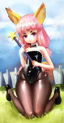 Rule 34 | 1girl, animal ears, bare shoulders, bow, bowtie, playboy bunny, detached collar, elin, flat chest, kairunoburogu, kneeling, long hair, looking at viewer, pantyhose, pink hair, pout, purple eyes, shoes, solo, tera online, twintails, wand, wide hips