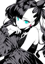 1girl black_lips blue_eyes collar creatures_(company) crop_top earrings game_freak greyscale hand_on_own_chin jacket jacket_on_shoulders jewelry long_hair looking_at_viewer marie_(pixiv59672544) marnie_(pokemon) monochrome necklace nintendo pokemon pokemon_swsh solo spot_color twintails