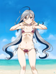 Rule 34 | 10s, 1girl, adjusting clothes, adjusting swimsuit, ahoge, alternate costume, beach, bikini, blue sky, breasts, c:, cloud, cloudy sky, day, gluteal fold, horizon, kantai collection, kiyoshimo (kancolle), long hair, looking at viewer, low twintails, navel, ocean, outdoors, sameha ikuya, side-tie bikini bottom, grey eyes, silver hair, sky, small breasts, smile, solo, swimsuit, twintails