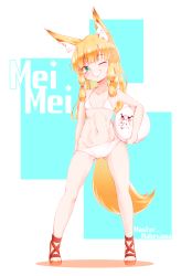 Rule 34 | 1girl, abs, animal ear fluff, animal ears, artist name, ball, bikini, blonde hair, blue background, character name, collarbone, commentary request, female focus, flat chest, fox ears, fox girl, fox tail, full body, green eyes, grin, hair ribbon, high heels, highres, holding, holding ball, huge filesize, long hair, looking at viewer, master nabesama, muscular, muscular female, navel, one eye closed, original, red footwear, red ribbon, ribbon, smile, solo, standing, stomach, swimsuit, tail, white background, white bikini