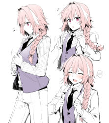 Rule 34 | 1boy, :o, ^^^, ^ ^, alternate costume, astolfo (fate), belt, black necktie, black ribbon, braid, closed eyes, closed mouth, collared shirt, dressing, eighth note, fang, fate/grand order, fate (series), flying sweatdrops, formal, hair intakes, hair ribbon, long sleeves, looking at viewer, male focus, motion lines, multicolored hair, multiple views, musical note, necktie, open mouth, pants, pink hair, purple eyes, purple vest, ribbon, rui shi (rayze ray), shirt, simple background, single braid, speech bubble, spoken blush, streaked hair, striped clothes, striped shirt, suit, trap, upper body, vertical-striped clothes, vertical-striped shirt, vest, whistling, white background, white hair, white pants, white shirt, wing collar