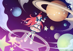 Rule 34 | 1girl, ahoge, bad id, bad pixiv id, boots, female focus, full body, gloves, headset, joints, kneehighs, kuromaro, long hair, planet, red eyes, red hair, robot joints, sf-a2 miki, socks, solo, space, star (symbol), striped clothes, striped socks, thighhighs, very long hair, vocaloid