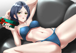 Rule 34 | 1girl, :d, arm behind head, bainbridge, bare arms, bare legs, bikini, blue bikini, blue hair, blush, box, breasts, cameltoe, christmas, cleavage, couch, ear piercing, female focus, gift, gift box, hayami kanade, highres, holding, holding gift, idolmaster, idolmaster cinderella girls, indoors, jewelry, looking at viewer, lying, medium breasts, multiple straps, nail polish, navel, necklace, on back, on couch, open mouth, piercing, short hair, sidelocks, skindentation, sleeveless, smile, solo, spread legs, strapless, swimsuit, underboob, yellow eyes