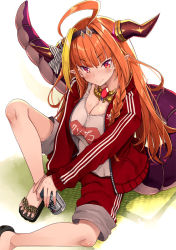 Rule 34 | 1girl, ahoge, alcohol, alternate costume, beer, beer can, blunt bangs, braid, breasts, can, cleavage, closed mouth, commentary request, dragon girl, dragon horns, dragon tail, drink can, from above, hairband, head tilt, hololive, horn ornament, horn ribbon, horns, jacket, jewelry, kiryu coco, knee up, large breasts, long hair, long sleeves, looking at viewer, necklace, open clothes, open jacket, orange hair, pants, pants rolled up, partial commentary, pointy ears, red eyes, red jacket, red pants, ribbon, sandals, shirt, side braid, single braid, sitting, smile, solo, t-shirt, tail, tatami, track jacket, track suit, tsurugi hagane, v-shaped eyebrows, virtual youtuber