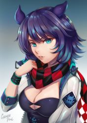 Rule 34 | 1girl, absurdres, arknights, artist name, black scarf, blue background, blue eyes, blue hair, breasts, caiman pool, checkered clothes, checkered scarf, cleavage, commentary, deepcolor (arknights), deepcolor (elite ii) (arknights), gradient background, gradient hair, grey jacket, hand up, highres, jacket, long sleeves, looking at viewer, medium breasts, multicolored hair, open clothes, open jacket, parted lips, pointy hair, purple hair, red scarf, scarf, short hair, solo, upper body, wristband