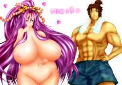 Rule 34 | 1boy, 1girl, bell, breasts, brown eyes, gigantic breasts, hair ornament, hip focus, husband and wife, image sample, long hair, mature female, navel, nipples, nude, original, pixiv sample, plump, ponytail, purple hair, pussy, resized, simple background, standing, translation request, tsukasawa takamatsu, uncensored, very long hair, wide hips