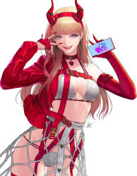 Rule 34 | 1girl, absurdres, bikini, blonde hair, breasts, cellphone, cleavage, collar, commentary, cowboy shot, daeho cha, dated commentary, earrings, elbow gloves, english commentary, fake horns, fingerless gloves, fingernails, gloves, gradient hair, hairband, hands up, heart collar, highres, holding, holding phone, horns, jacket, jewelry, large breasts, licking lips, lips, long fingernails, long hair, looking at viewer, multicolored hair, open clothes, open jacket, open mouth, original, phone, pink eyes, pink hair, red collar, red gloves, red hairband, red horns, red jacket, red nails, signature, simple background, single elbow glove, single fingerless glove, smartphone, smile, swimsuit, teeth, tongue, tongue out, upper teeth only, v, white background, white bikini