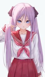 Rule 34 | 1girl, blue eyes, blush, bow, chestnut mouth, commentary, cowboy shot, hair between eyes, hair bow, hair lift, hand up, highres, hiiragi kagami, hunakoshi halberd, long hair, long sleeves, lucky star, neckerchief, open mouth, pink neckerchief, pleated skirt, purple hair, red bow, red sailor collar, red skirt, ryouou school uniform, sailor collar, school uniform, serafuku, shirt, simple background, skirt, solo, tsurime, twintails, white background, white shirt