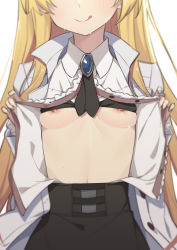 Rule 34 | 1girl, arifureta shokugyou de sekai saikyou, black bra, blonde hair, blush, bra, bra lift, breasts, breasts out, female focus, head out of frame, highres, long hair, morisobo, nipples, open clothes, presenting, simple background, small breasts, solo, tongue, tongue out, underwear, white background, yue (arifureta)