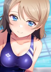 Rule 34 | 1girl, blue eyes, blue one-piece swimsuit, blush, breasts, brown hair, competition swimsuit, grey hair, highres, lips, looking at viewer, love live!, love live! sunshine!!, medium breasts, one-piece swimsuit, pool, short hair, sikamiya, smile, solo, swimsuit, watanabe you, water