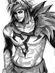 Rule 34 | 00s, 1boy, arisue kanako, chest tattoo, facial hair, final fantasy, final fantasy x, greyscale, headband, jecht, long hair, looking away, male focus, monochrome, muscular, scar, solo, standing, tattoo, topless male, white background