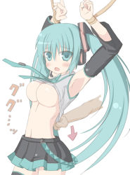 Rule 34 | 1girl, aqua eyes, aqua hair, arms up, bdsm, blush, bondage, bound, bound arms, breasts, clothes lift, detached sleeves, hatsune miku, headphones, headset, large breasts, long hair, mi ro, necktie, shirt lift, skirt, solo, thighhighs, twintails, underboob, very long hair, vocaloid, zettai ryouiki
