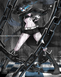 Rule 34 | 10s, 1girl, akito, black&acirc;&tilde;&hellip;rock shooter, black hair, black rock shooter, black rock shooter (character), blue eyes, breasts, chain, full body, hatsune miku, katana, long hair, midriff, shorts, solo, sword, twintails, vocaloid, weapon