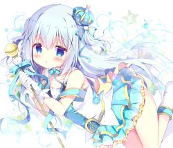 Rule 34 | 1girl, absurdres, azumi kazuki, bare shoulders, blue bow, blue eyes, blue ribbon, blue skirt, blush, boots, bow, chestnut mouth, collarbone, commentary request, crown, daydream show, frilled skirt, frills, gloves, gochuumon wa usagi desu ka?, hair between eyes, hair ornament, hair ribbon, highres, holding, holding microphone, kafuu chino, layered skirt, long hair, looking at viewer, microphone, mini crown, parted lips, pleated skirt, ribbon, shirt, silver hair, skirt, solo, star (symbol), tilted headwear, tippy (gochiusa), treble clef, very long hair, white footwear, white gloves, white shirt, x hair ornament, yellow bow