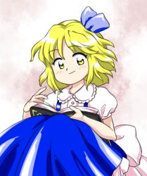 Rule 34 | 1girl, alice margatroid, alice margatroid (pc-98), back bow, blonde hair, blue ribbon, blue skirt, book, bow, buttons, closed mouth, dress shirt, hair ribbon, looking at viewer, nonamejd, official style, open book, puffy short sleeves, puffy sleeves, ribbon, shirt, short hair, short sleeves, skirt, smile, solo, suspender skirt, suspenders, touhou, touhou (pc-98), white bow, white shirt, yellow eyes, zun (style)