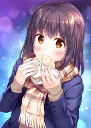 Rule 34 | 1girl, bad id, bad twitter id, blazer, blue jacket, blush, brown eyes, brown hair, brown scarf, brown sweater, buttons, commentary request, eating, food, food wrapper, fringe trim, hands up, highres, holding, holding food, jacket, lens flare, long hair, long sleeves, looking at viewer, open clothes, open jacket, original, pasdar, plaid, plaid scarf, scarf, sidelocks, sleeves past wrists, solo, sweater, tareme, upper body