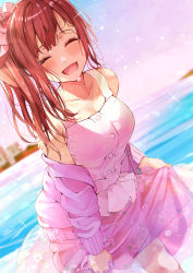 Rule 34 | 1girl, :d, ^ ^, bare shoulders, blouse, blurry, blush, breasts, brown hair, closed eyes, commentary request, cowboy shot, depth of field, dutch angle, hair ribbon, highres, holding, holding clothes, holding skirt, idolmaster, idolmaster cinderella girls, idolmaster cinderella girls starlight stage, igarashi kyoko, jacket, jacket partially removed, medium breasts, nira (vira), ocean, open mouth, pink jacket, pink shirt, print skirt, ribbon, shirt, side ponytail, skirt, sleeveless, sleeveless shirt, smile, solo, water drop