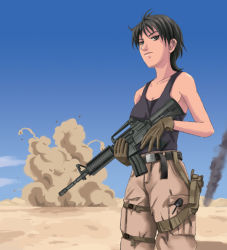 Rule 34 | 1girl, assault rifle, bad id, bad pixiv id, belt, black eyes, black hair, buckle, day, desert, explosion, gloves, gun, holster, knife, left-handed, m4 carbine, military operator, original, rifle, short hair, sky, smoke, snap-fit buckle, solo, tank top, thigh strap, tomoshiki, weapon