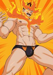 Rule 34 | 1boy, abs, bara, beard, biceps, black male underwear, boku no hero academia, briefs, bulge, danzen, endeavor (boku no hero academia), facial hair, feet out of frame, fiery hair, fire, gluteal fold, highres, large pectorals, male focus, male underwear, mature male, muscular, muscular male, navel, nipples, pectorals, scar, scar across eye, scar on face, short hair, shouting, sideburns, solo, spiked hair, stomach, stubble, thick thighs, thighs, underwear, underwear only