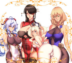Rule 34 | 4girls, absurdres, ahoge, ass, barbara (genshin impact), bare shoulders, beidou (genshin impact), bell, bent over, black legwear, blonde hair, blue eyes, blue hair, bodystocking, bodysuit, breasts, brown bodysuit, brown hair, chinese clothes, cleavage, clothing cutout, colored eyepatch, covered erect nipples, cowbell, detached collar, detached sleeves, drill hair, eyepatch, flower, ganyu (genshin impact), genshin impact, goat horns, green eyes, hair ornament, hair over one eye, hair stick, hairpin, harstfazn, highres, horns, huge filesize, large breasts, leotard, lisa (genshin impact), long hair, looking at viewer, low tied hair, multiple girls, navel cutout, pantyhose, parted lips, pelvic curtain, priestess, purple eyes, purple flower, purple rose, red eyes, rose, silver hair, smile, standing, thighhighs, thighs, twin drills, twintails, white background, white headwear, white legwear, white sleeves