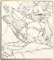 1girl armpits breasts chiba_toshirou eyepatch fingerless_gloves gloves grin hair_between_eyes hammer highres holding holding_hammer koleda_belobog long_hair monochrome navel sharp_teeth sitting small_breasts smile solo teeth very_long_hair zenless_zone_zero