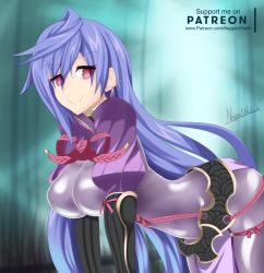 Rule 34 | 1girl, bent over, blue hair, cosplay, fate (series), iris heart, kami jigen game neptune v, long hair, looking at viewer, minamoto no raikou (fate), minamoto no raikou (fate) (cosplay), neppedwaifu, neptune (series), patreon username, power symbol, power symbol-shaped pupils, red eyes, signature, smile, smug, solo, symbol-shaped pupils