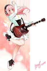 Rule 34 | 1girl, blush, breasts, electric guitar, female focus, gibson sg, guitar, headphones, highres, instrument, large breasts, long hair, looking at viewer, nitroplus, pink eyes, pink hair, plectrum, skirt, smile, solo, sua k, super sonico
