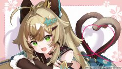 Rule 34 | 1girl, :3, ahoge, arm support, blonde hair, blush, box, cardboard box, cat girl, cat tail, coat, crossed arms, detached sleeves, fang, genshin impact, green eyes, hair ornament, hairclip, happy birthday, head tilt, heart, heart of string, heart tail, highres, huge ahoge, kirara (genshin impact), long hair, long sleeves, looking at viewer, multiple tails, nekomata, on box, open mouth, pink background, sleeveless, sleeveless coat, smile, solo, tail, two tails, xishuu (user dvah3828)