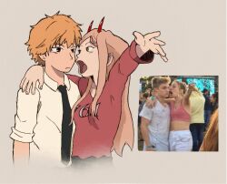Rule 34 | 1boy, 1girl, arm around shoulder, black necktie, breasts, brown hair, chainsaw man, chimeraenvy, commentary, denji (chainsaw man), fang, frown, girl explaining (meme), highres, horns, meme, necktie, open mouth, orange hair, photo-referenced, photo inset, power (chainsaw man), red horns, reference inset, small breasts