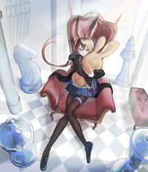 Rule 34 | 1girl, absurdres, amiya (arknights), animal ears, arknights, armchair, bishop (chess), black footwear, black jacket, black pantyhose, blue skirt, brown hair, chair, checkered floor, chess piece, full body, green eyes, highres, jacket, king (chess), knight (chess), loafers, long hair, long sleeves, looking at viewer, low ponytail, miniskirt, natsuba002, hugging object, open clothes, open jacket, pantyhose, parted lips, pleated skirt, queen (chess), rabbit ears, shoes, sitting, skirt, solo, stuffed animal, stuffed rabbit, stuffed toy, thighlet, very long hair