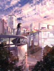Rule 34 | 1girl, absurdres, ahoge, black skirt, blurry, blurry foreground, brown hair, building, city, cityscape, cloud, cloudy sky, commentary request, full body, grey jacket, highres, jacket, long hair, long sleeves, looking afar, looking up, maeda mic, neck ribbon, original, outdoors, parted lips, power lines, red ribbon, ribbon, skirt, sky, skyscraper, solo, standing, sunlight, tree, utility pole