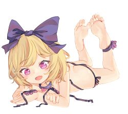 Rule 34 | 1girl, ankle ribbon, ass, barefoot, bikini, black bikini, black bow, blonde hair, blush, bow, butt crack, chaosexceed, collar, commentary, commission, elly (tonari no kyuuketsuki-san), english commentary, feet, full body, hair bow, heart collar, leg ribbon, looking at viewer, lying, mixed-language commentary, on stomach, open mouth, pixiv commission, purple eyes, ribbon, short hair, side-tie bikini bottom, simple background, smile, soles, solo, swimsuit, the pose, toes, tonari no kyuuketsuki-san, untied bikini, white background