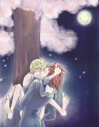 Rule 34 | 2boys, anal, axel, blonde hair, blush, closed eyes, clothed on nude, clothed sex, hug, kingdom hearts, male focus, male penetrated, moon, multiple boys, night, nude, outdoors, red hair, roxas, sakura tree, sex, sweatdrop, yaoi